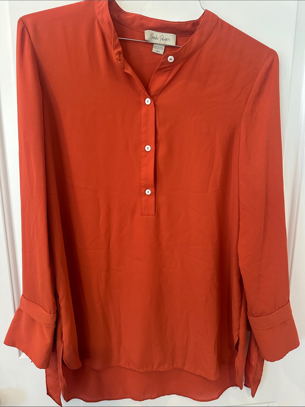 Charlie Paige Long-Sleeve Mandarin Placket Blouse - Coral Orange